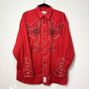 VTG Panhandle Slim Embroidered Western Shirt Red Floral Pearl Snap Men L Cowboy